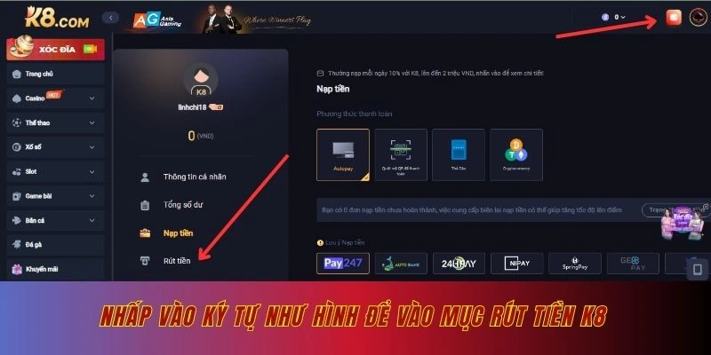 Nhấp vào ký tự như hình để vào mục rút tiền k8