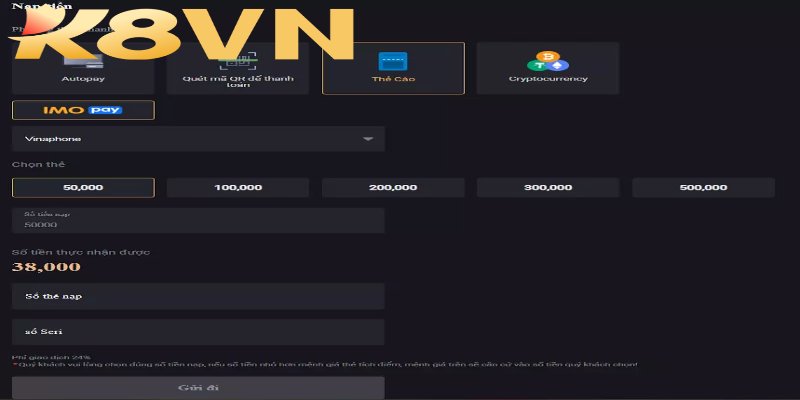 Phương thức nạp vốn vào tài khoản K8 từ thẻ cào di động đơn giản