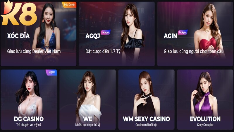 Sảnh K8 casino trực tuyến chứa rất nhiều trò chơi thú vị