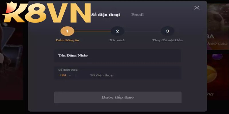 Bạn nhập số điện thoại đã đăng ký với K8 để nhận mật khẩu mới