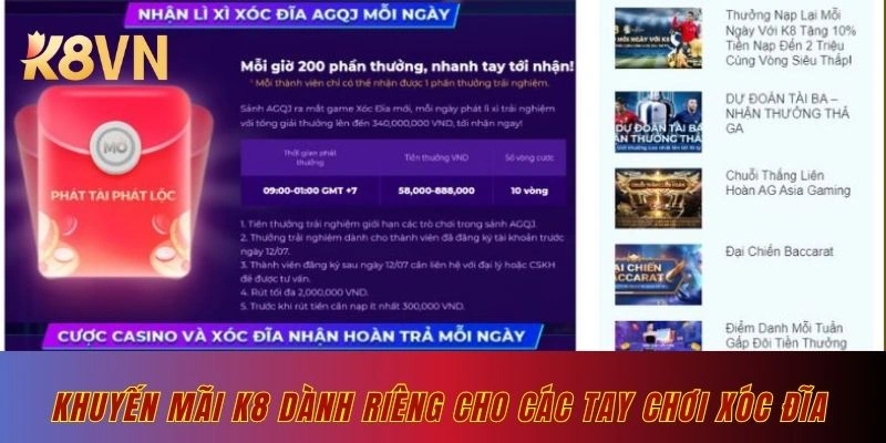 Khuyến mãi K8 dành riêng cho các tay chơi xóc đĩa